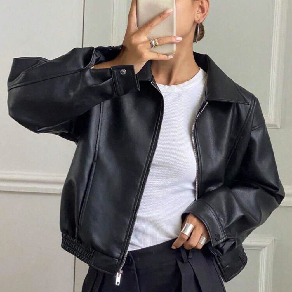 Retro brown leather jacket for women