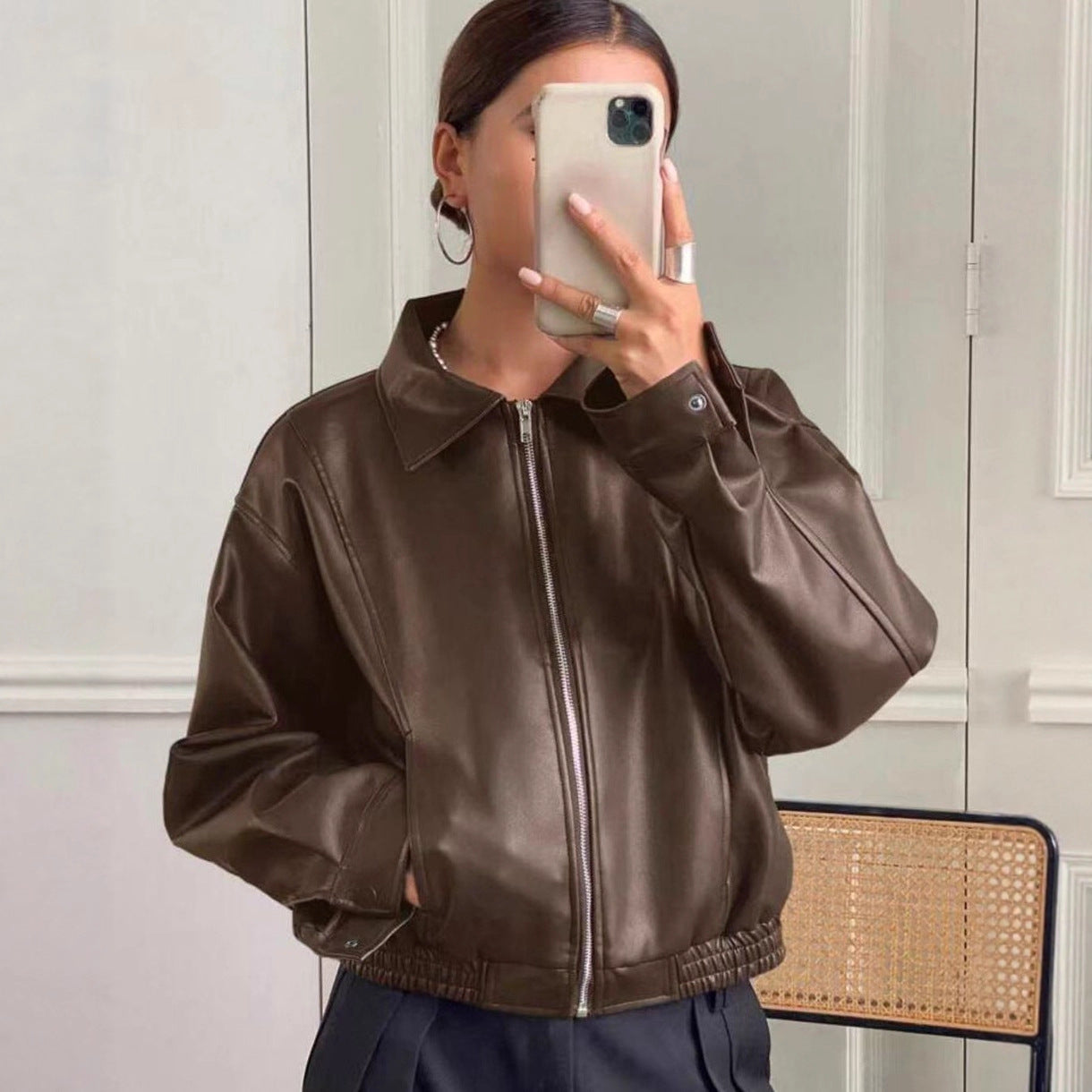 Retro brown leather jacket for women