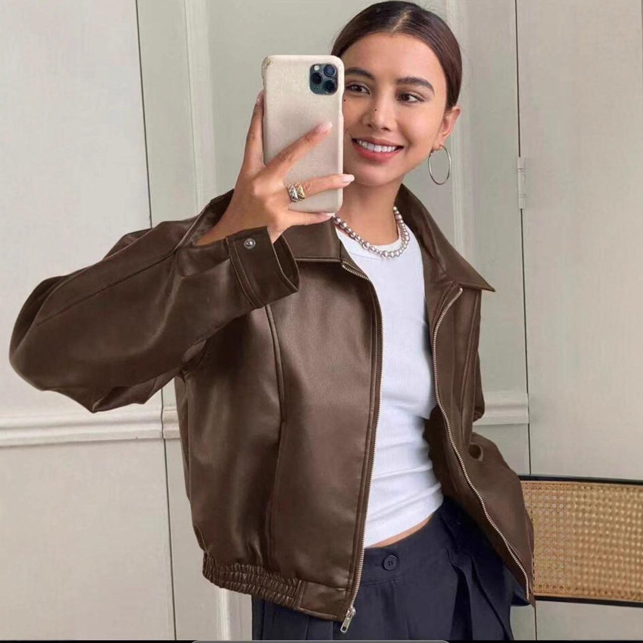 Retro brown leather jacket for women