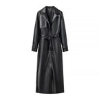 Medium length leather jacket with loose fit for women