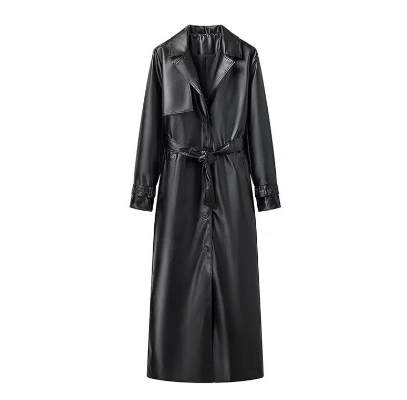 Medium length leather jacket with loose fit for women