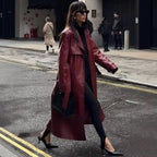 Medium length leather jacket with loose fit for women